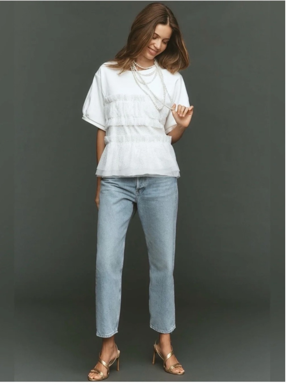 NWT MAEVE by ANTHROPOLOGIE Short-Sleeve Smocked Ruffled Sweatshirt in White XS